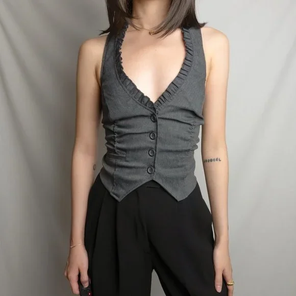 y2k gray ruched ruffle trim plunge v neck cropped vest waistcoat top by love cul - Picture 3 of 8